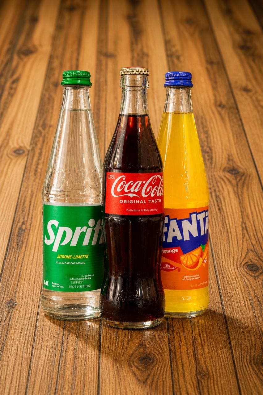 Sprite, Coca-Cola und Fanta in Glasflaschen